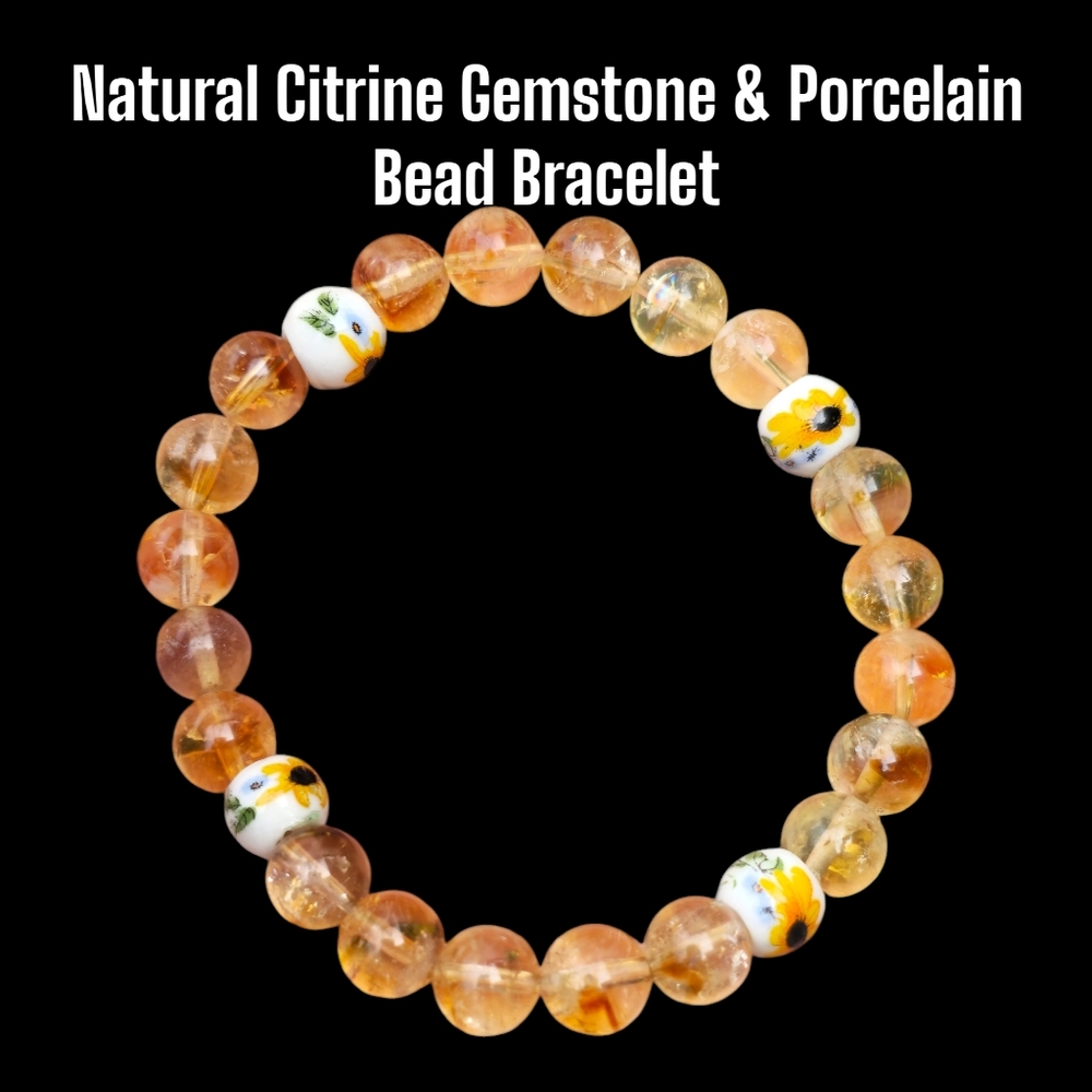 Natural Citrine Prosperity Bracelet with Sunflowers - 8mm Crystal +  Gift box